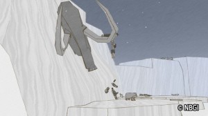 A penguin in the background ignoring a dangling couple