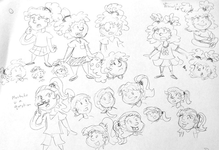 Concept sketches for hairstyles for Celia and Anna, which sometimes included broccoli hair.