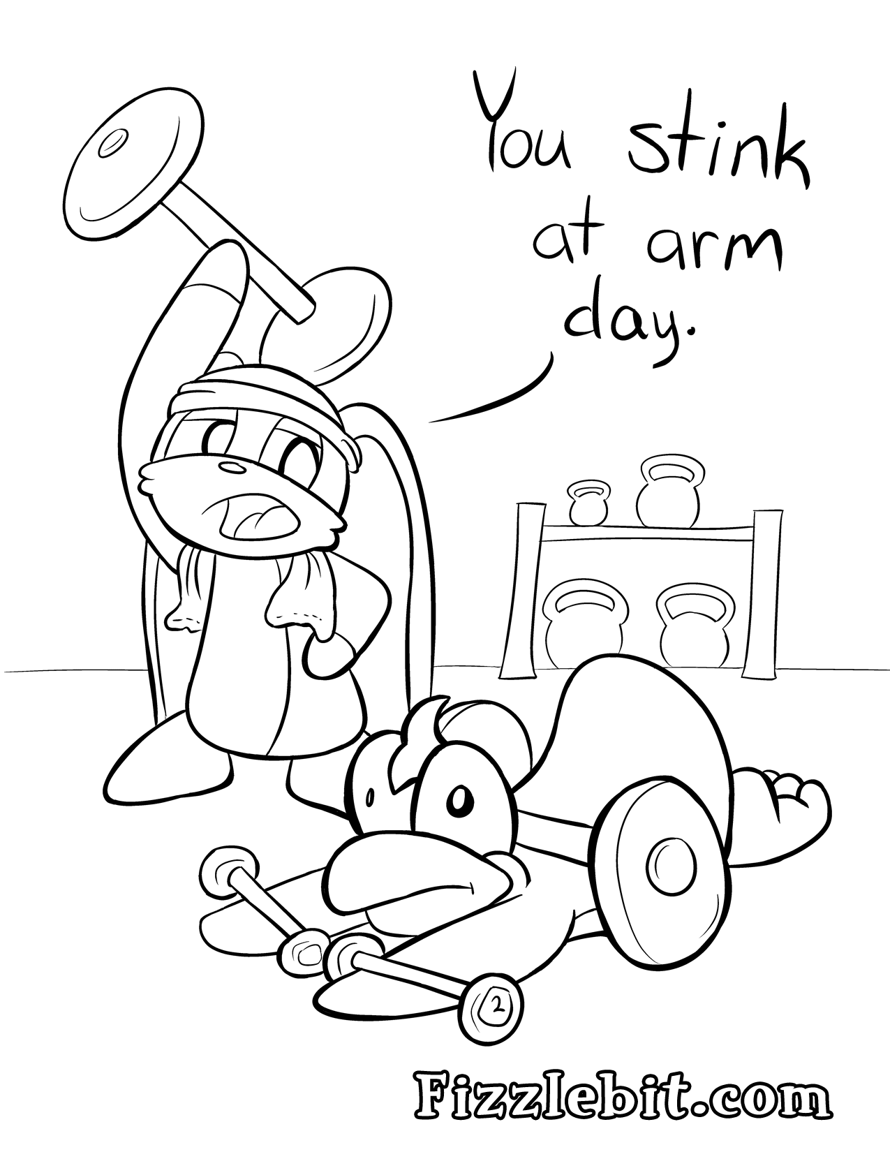 Coloring page of McTuffin being GREAT at Arm Day (Fizzlebit, not so much)